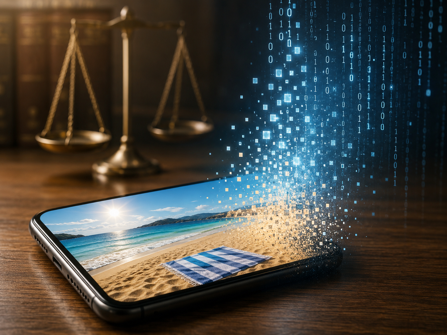 Smartphone auf einem Holztisch zeigt eine menschenleere Strandszene, die rechts in blaue Pixel und Binärcode zerfällt. Dahinter unscharf eine goldene Waage und Gesetzesbücher.