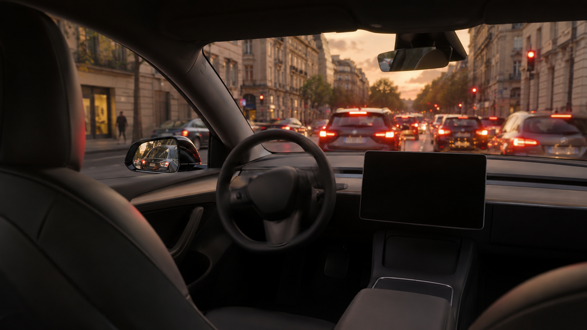 Blick von der Rückbank eines Autos über den leeren Fahrersitz auf dichten Abendverkehr in einer Stadt, das Lenkrad dreht sich ohne Hände.