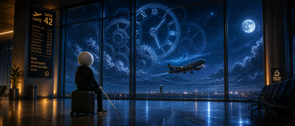 Leere Flughafenhalle bei Nacht. Eine Figur mit Blindenstock sitzt auf einem Koffer, draussen hebt ein Flugzeug ab, darüber kosmische Zahnräder am Sternenhimmel.