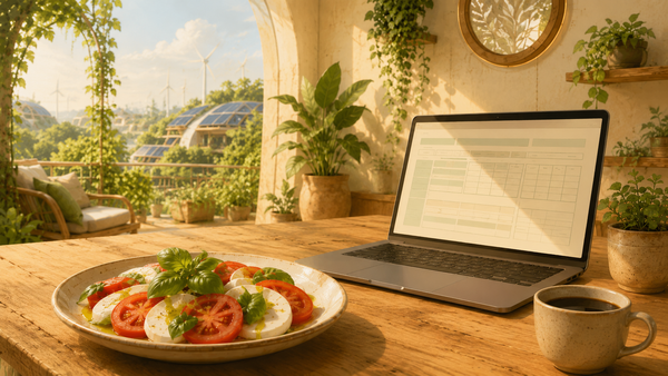 Ein Caprese Salat auf einem sonnigen Tisch, daneben ein aufgeklappter Laptop mit einem Steuerformular auf dem Bildschirm und eine Tasse schwarzer Kaffee.