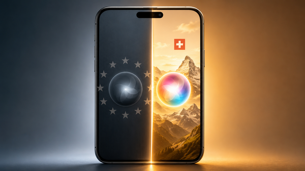 Smartphone mit geteiltem Bildschirm. Links der Sprachassistent grau hinter einem Ring aus EU-Sternen, rechts leuchtet er hell vor Schweizer Bergen mit rotem Kreuz.