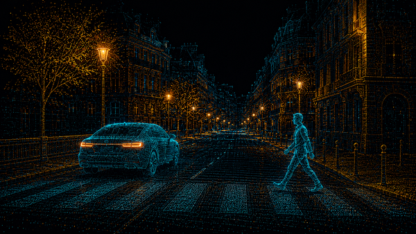 Nächtliche Strassenszene als Lidar-Punktwolke: ein Auto und ein Fussgänger auf einem Fussgängerstreifen, geformt aus leuchtenden blauen und orangen Messpunkten.