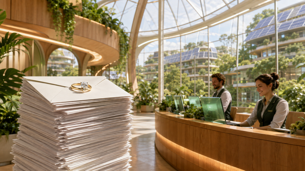 Lichtdurchflutete Amtshalle im Solarpunk-Stil. Links ein hoher Stapel weisser Briefe, obenauf ein goldener Verlobungsring. Rechts zwei Mitarbeitende an einem Holztresen.